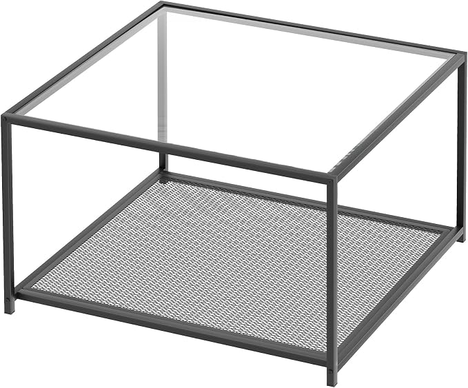 Black Glass Coffee Table, Square Coffee Tables with Storage Shelf, Simple Tea Cocktail Modern Center Tables for Small Space, Living Room, Easy Assembly, 26 * 26in（Black）