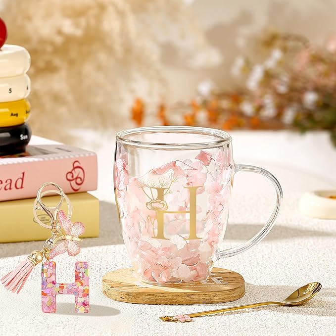 Personalized Gift for Women Flower Glass Coffee Mug Initial Tea cup Monogrammed Customized Bridesmaid Bride Wedding Gifts Graduation Gifts Valentine Mother's Day Birthday Christmas Gift (H)