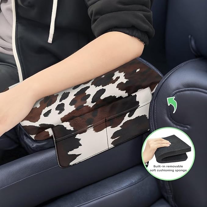 Dreaweet Brown Cow Print Center Console Cover Pad Cute Car Accessories for Women Thick Arm Rest Cover with Pockets for Car SUV Truck Soft Comfortable Car Armrest Cushion