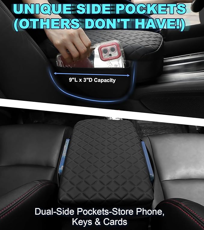 Armrest Cover for Nissan Frontier 2022-2025 Center Console Pad with Organizer Storage Pockets, Black Faux Leather Arm Rest Lid Protector Cushion D41 Interior Accessories