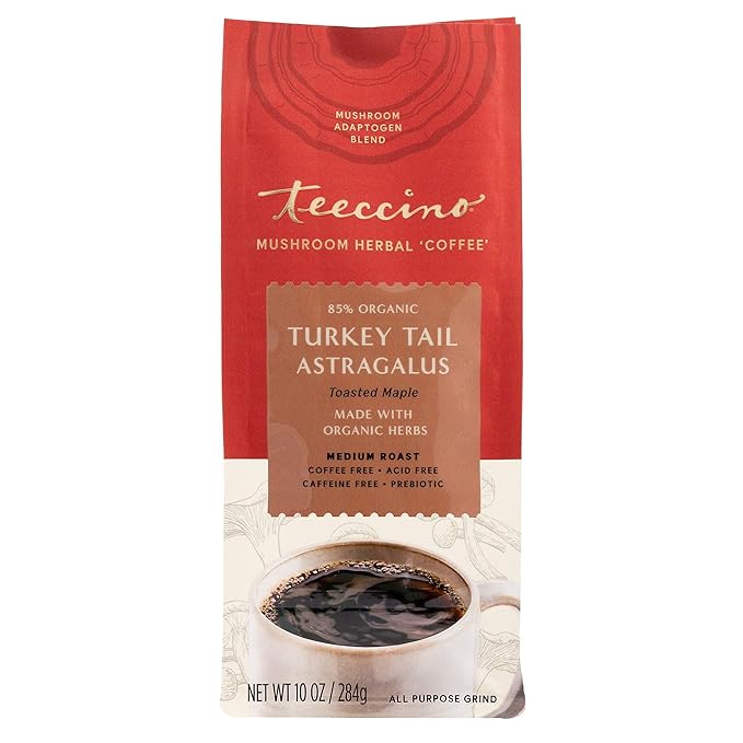 Teeccino Turkey Tail Astragalus Coffee Alternative - Toasted Maple - Adaptogenic Herbal Mushroom Coffee, Medium Roast, Caffeine Free, Prebiotic, Acid Free, All-Purpose Grind - 10 Oz, Pack of 3