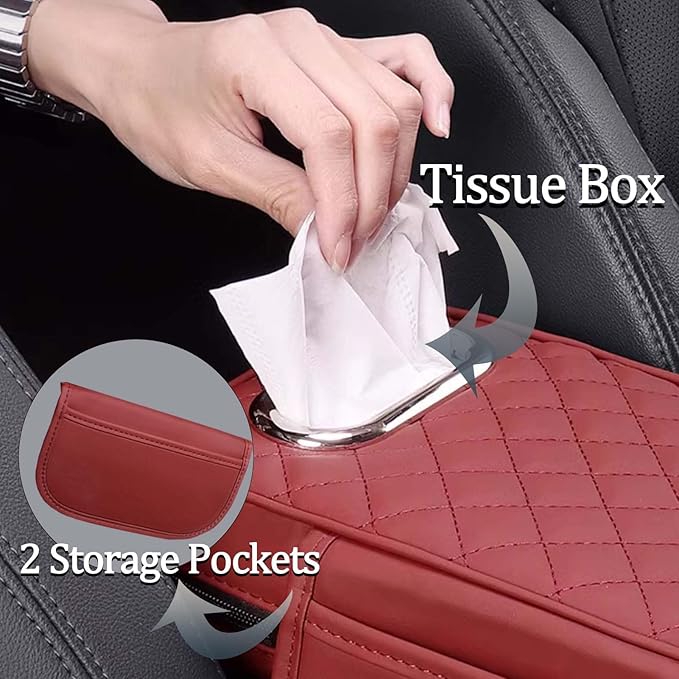 Car Center Console Armrest Pad for Lincoln, Leather Cover with Storage Pocket & Tissue Box Holder, Memory Foam Cushion for Aviator Standard SUV 2020-2025,Beige