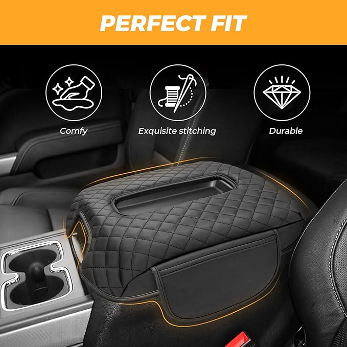 FUNY Center Console Cover Compatible with 2014-2018 Silverado Sierra, Middle Console Cover Lid, Car Arm Rest Covers Cushion Pad, Bucket Seat Middle Console Armrest Box Leather Protective Cover