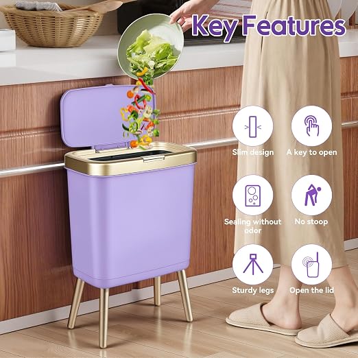 Procade 4 Gallon Bathroom Trash Can with Lid, Small Purple Garbage can with Pop-Up Lid and Legs, Tall Plastic Dog Proof Trash Bin,Narrow Waste Basket for Bedroom,Toilet, Office, rv, Living Room