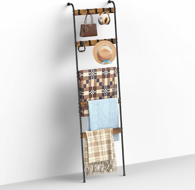 Blanket Ladders for the Living Room 5 Tier Towel Ladder for Bathroom with 10 Removable Hooks Wall Leaning Quilt Rack for Bedroom Display Rustic Farmhouse Home Decor, Rustic Brown