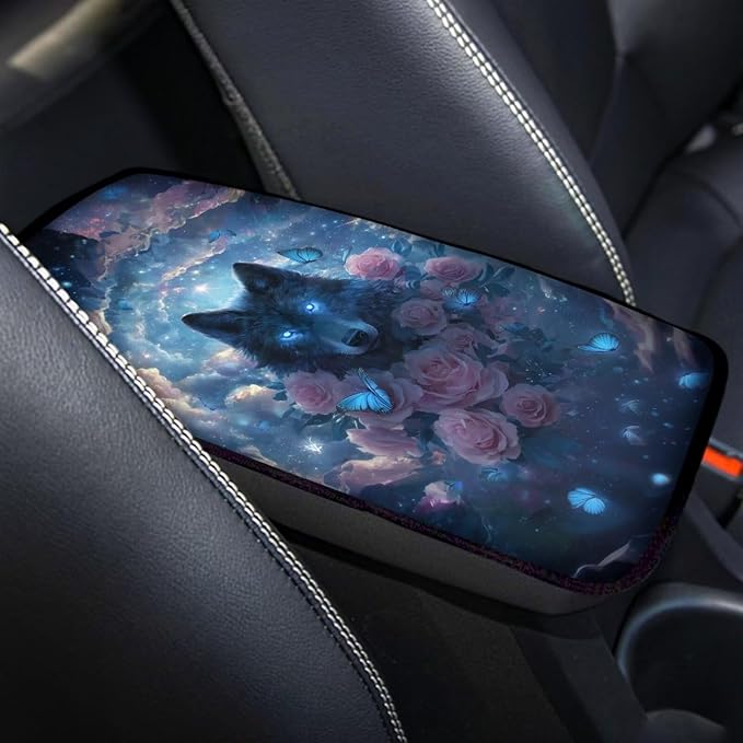Wolf Rose Print Car Arm Rest Cover Pad Dust-Proof Anti-Slip Center Console Cushion Pad Universal Car Interior Decor Accessories for Truck Sedan SUV, Easy to Install