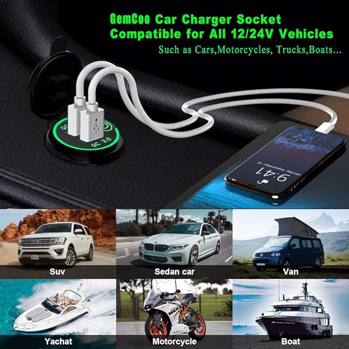 GemCoo 12V/24V USB Charger Socket, 36W QC 3.0 Dual USB Ports, Touch Switch, LED Indicator, Water Resistant, Green, for Car, RV, Boat, Truck, Motorcycle