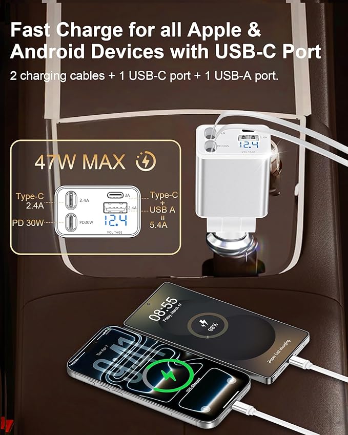 Retractable Car Charger USB C, 4 in 1 Fast Car Charging Adapter With 2 Flexible USB C Cable for iPhone 17 Samsung Android Phones, USBC Cigarette Lighter Gift for Men Car Gadget Electronics Accessories