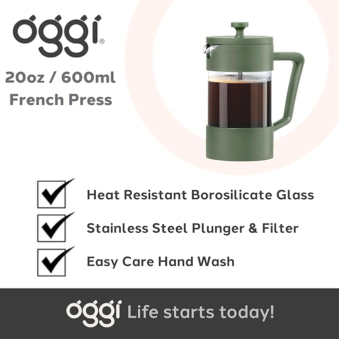Oggi Borosilicate Glass French Press Coffee Maker (20oz)- 5 Cup Capacity, Coffee Press, Single Serve Coffee Maker, Stainless Steel Lid & Plunger, Make Great Coffee Gifts, Green