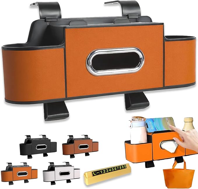 Multifunctional Car Organizer and Storage Box, 3-in-1 Car Backseat Organizer with 2 Cup Holders & Hooks, Back Seat Car Organizer for Most Vehicles, for Hold Phones/Snacks/Drinks/Handbags (Orange)