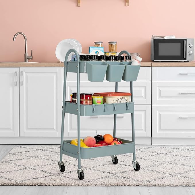 danpinera 3-Tier Rolling Cart, Utility Cart Mobile Metal Rolling Storage Cart with Lockable Wheels & Hanging Cups & Hooks for Kitchen, Bathroom, Office, Workshop, Gray Blue