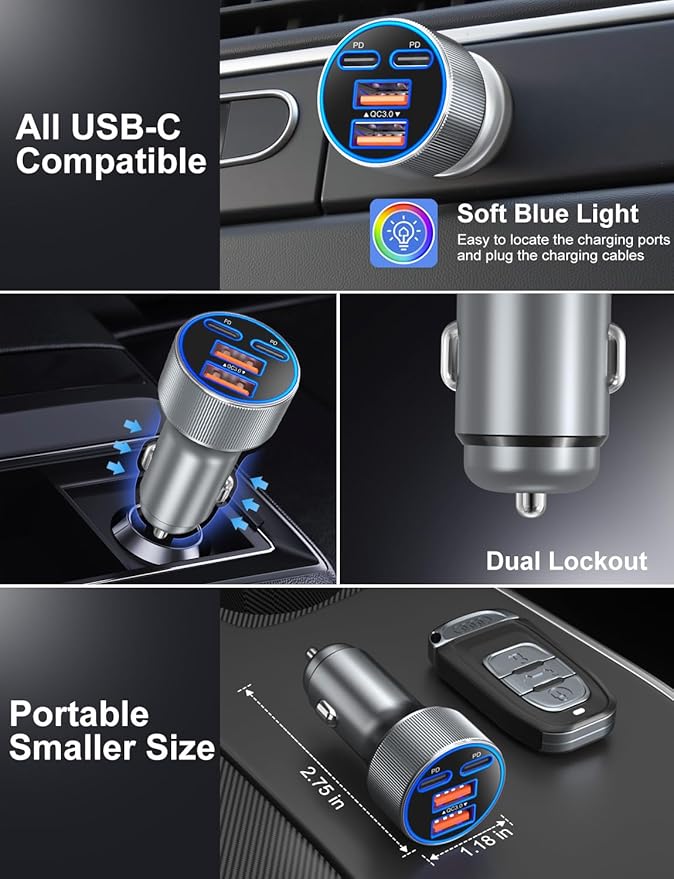 Car Charger USB C, 90W Super Fast Charging Cigarette Lighter Adapter Multi Port Dual 45W 12V USB-A & USB-C PD/QC 3.0 Fast Car Phone Charger Plug for iPhone 17 16 15 14 Pad Pro Max Galaxy Android(Gray)