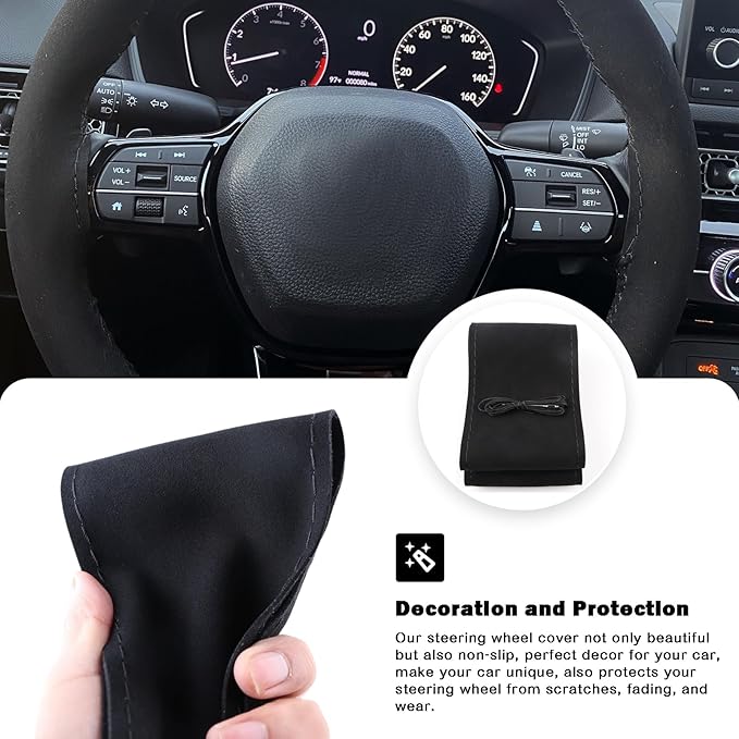40.16-Inch Suede Leather Stitch Steering Wheel Wrap, Suitable for Car Steering Wheels with A Diameter of 15 Inches, Including Sewing Needles, Hand-Stitched