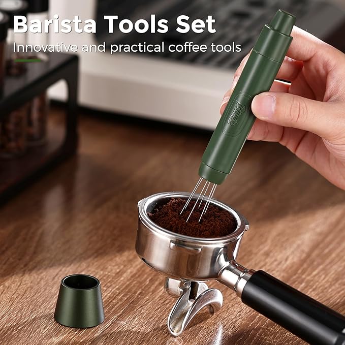 WDT Espresso Distribution Tool - Bincoo Magnetic Espresso Stirrer Tool For Barista, Espresso Tamper With Stainless Steel Retractable Needles with 6 Extra Stirrer (Green)