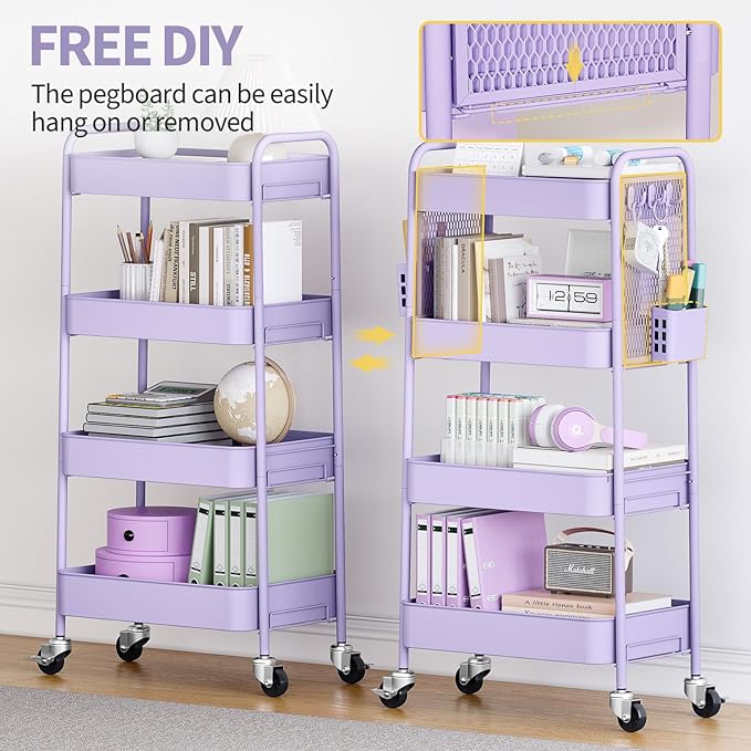 TOOLF 4 Tier Rolling Cart with Pegboard, Metal Storage Organizer Cart with Wheels, Hooks & Bins Esthetician Craft Art Sturdy Storage for Bathroom, Kitchen, Office, Nursery Diaper