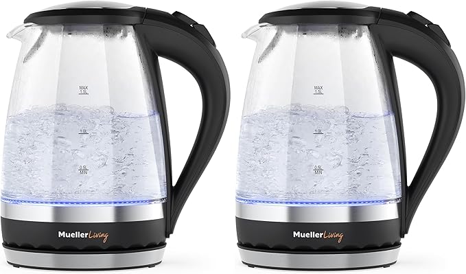 MuellerLiving Glass Kettle 1.5L 1500W LED Light Electric Tea Kettle Automatic Shut-Off with SpeedBoil Tech and Boil-Dry Protection (Pack of 2)
