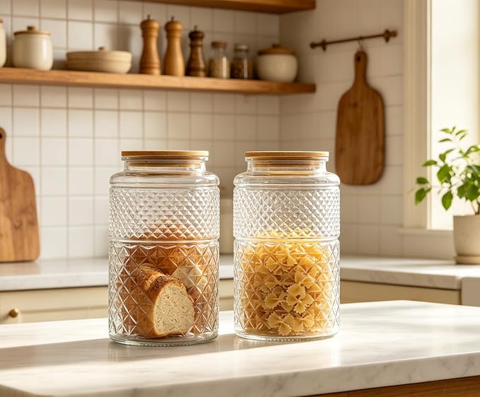 1 Gallon Large Airtight Glass Storage Jars with Bamboo Lid, Kitchen Pantry & Bathroom Laundry Room Organizer Canisters for Flour, Sugar, Cookie, Pasta, Rice, Snack, Coffee Bean, Tea, Spice, Cereal