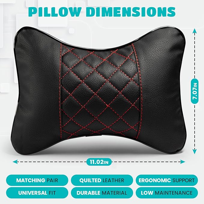 Set of 2 Quilted Faux Leather Car Headrest Pillow, Black Case/Black Threading, Ergonomic Neck Support for Comfortable Driving