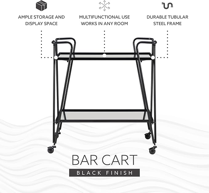 Gina Black Mid Century Bar Cart with Mirrored Shelves by Linon