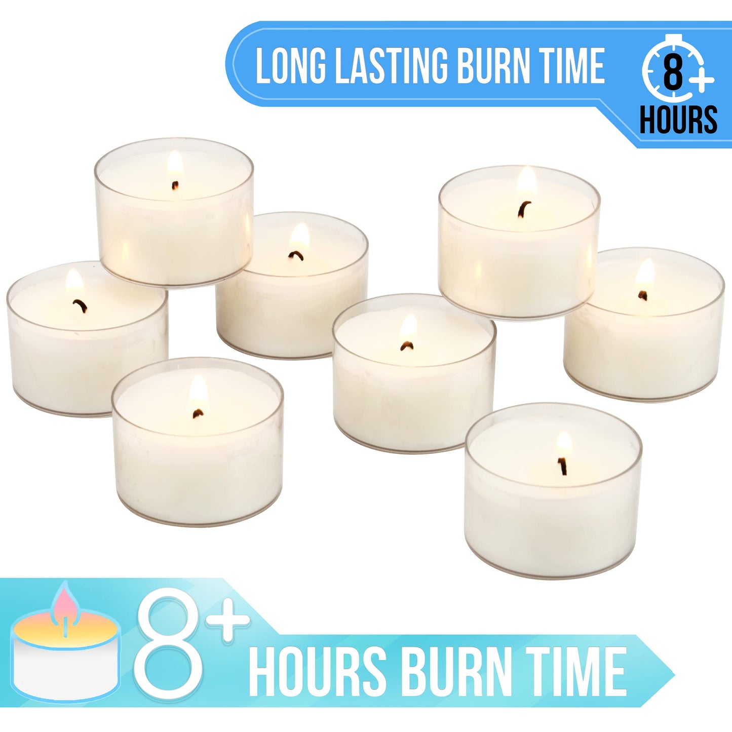 Stonebriar Tea Light Candles, 192 Pack, Unscented, Long Burning, Clear Cup, 8 Hour Burn Time, Model DTLR-192-8