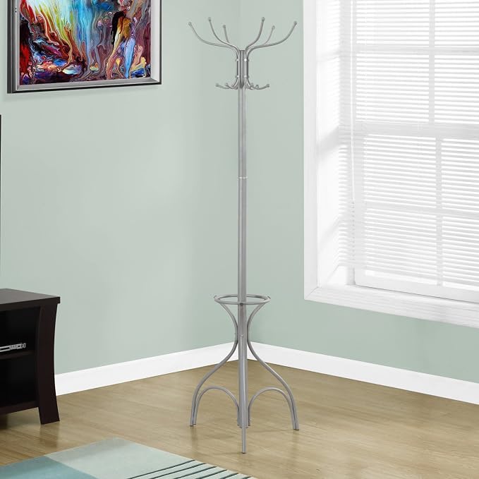 Monarch Coat Rack with an Umbrella Holder, Silver, 70"