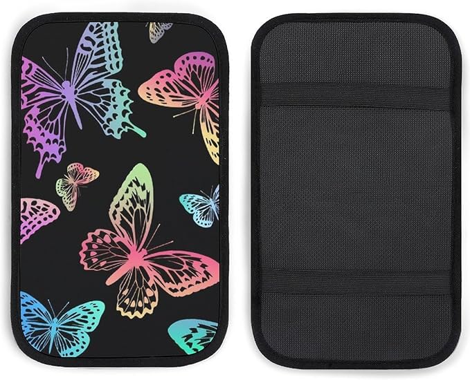 Black Rainbow Butterfly Car Center Console Cushion Pad,Waterproof Armrest Seat Box Cover Protector,Comfortable Car Decor Accessories Fit for Most Cars, Vehicles, SUVs