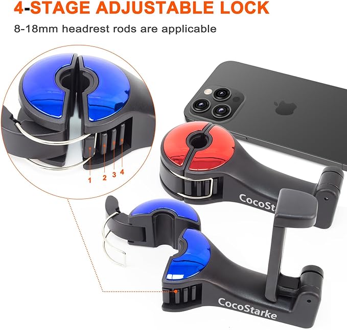 2 in 1 car headrest Hidden Hook with Cell Phone Holder Car Back Seat Hook Universal for Purses and Bags 360° Rotation Adjustable Hanger Rear Hook for Car Seats Silve (red &Blue)