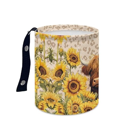 Sunflower Highland Cattle Mini Car Trash Bin Car Garbage Can, Storage Bag Waterproof Multipurpose Vechile Organizer Car Accessories for Women Interior