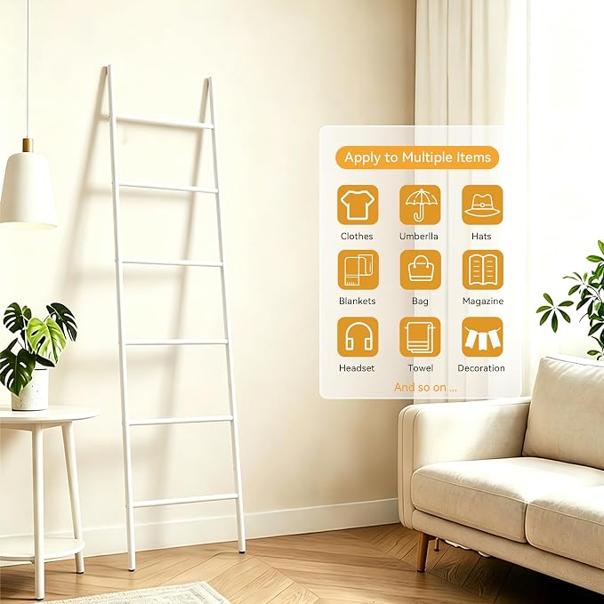 6-Tier Blanket Ladder 68 Inch Wall-Leaning Towel Rack for Living Room and Bedroom, Easy Assembly - White