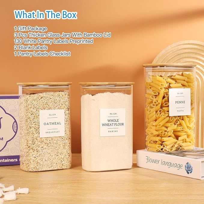 3 Pack Square Glass Pantry Storage Containers with 132 Kitchen Food Pantry Labels - 51 floz Clear Glass Pantry Jars with Airtight Wood Bamboo Lids - Glass Canisters for Candy, Cereal, Coffee, Spice