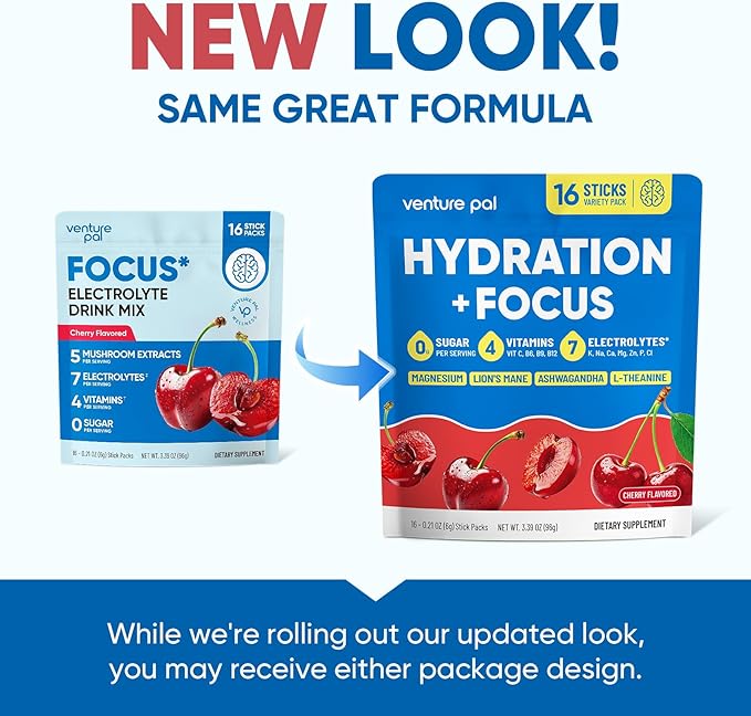 Venture Pal 2-in-1 Hydration Packets + Focus Support Electrolytes Powder, 7 Electrolytes + Vitamins, Magnesium, Lion's Mane & L-Theanine | Sugar Free Liquid Daily IV Drink Mix, Vegan, Keto, 16 Sticks