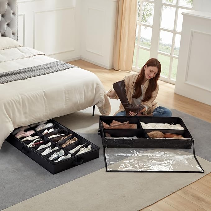 Lifewit Under Bed Shoe Storage Organizer 2 Pack(16 Shoes Cells+4 Boots Cells), 4.3 Inches Profile Fabric Shoes Container Box with Clear Cover, Foldable Storage Bag with 2 Handles, Fits 24 to 40 Pairs