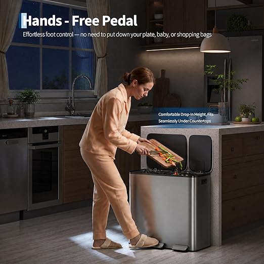 Dual Kitchen Trash Can 13.2 + 5.2 Gal (50+20L) Stainless Steel Trash Cans with Soft Close Lid Large Double Garbage and Recycling Bin with 2 Removable Inner Buckets Step-on Metal Garbage Cans Gray