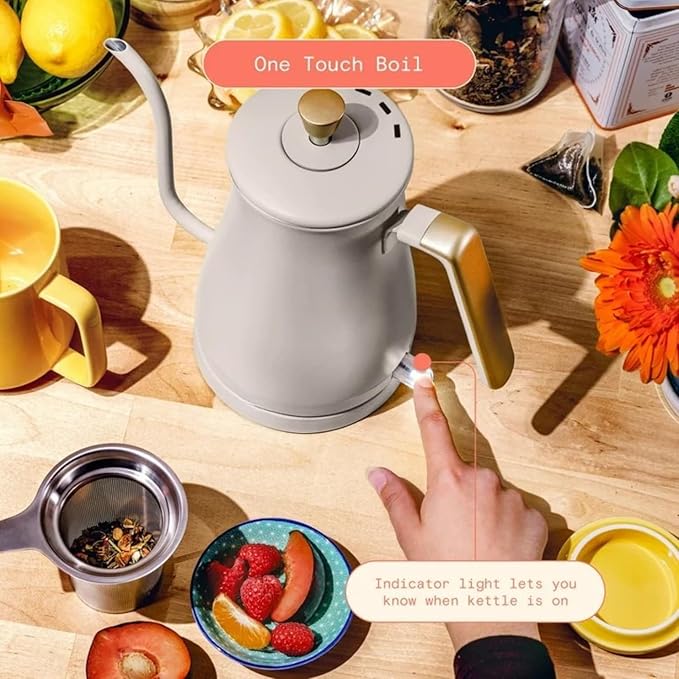 Electric Gooseneck Kettle 1 Liter 1200W, Stainless Steel, Pour Over Coffee Tea, Auto Shut-Off, 360° Cordless Power Base (Porcini Taupe)