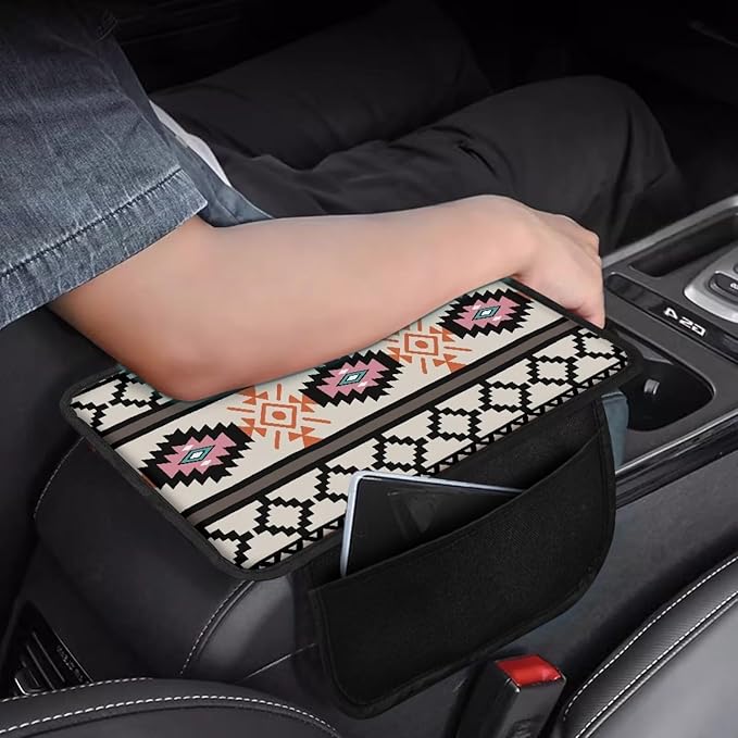 Dreaweet Navajo Car Accessories Arm Rest Cover for Truck SUV Van,Southwest Native Indian American Aztec Print Center Console Cover with Pockets,Car Armrest Cover Pad Soft Comfortable