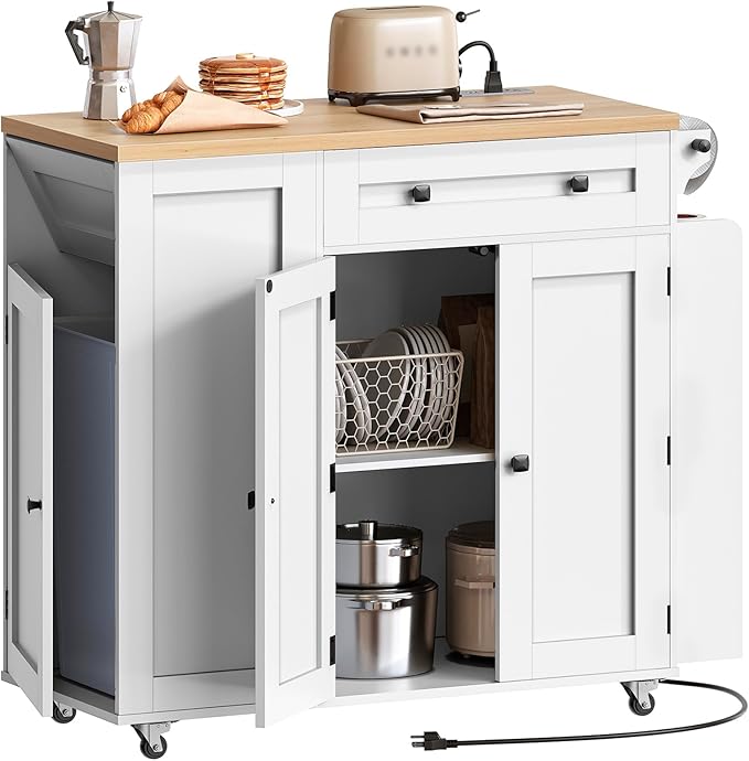 Kitchen Island with Storage, Mobile Rolling Cart with Trash Can Storage, Kitchen Island on Wheels, Rolling Island Table with Charging Station, Paper Holder, for Kitchen, White ZD02UWN