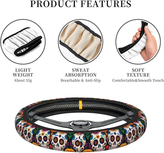 Neoprene Steering Wheel Cover Colorful-Skull Car Steering Wheel Cover Universal Fit for Most Cars