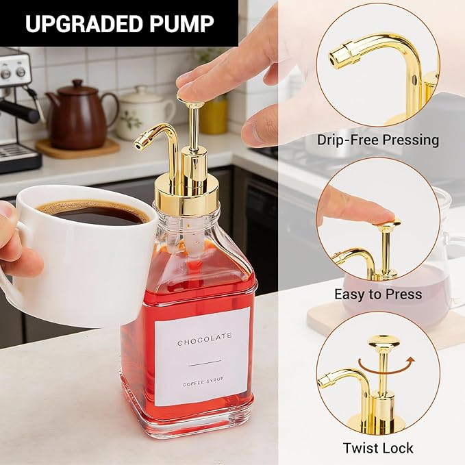 Coffee Syrup Dispenser, Set of 4 Glass Coffee Syrup Bottles 500 ml/16.9 fl oz, Coffee Dispenser with Pump, Includes Funnel and Labels for Coffee Bar (Gold)