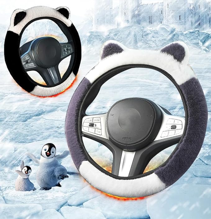 Car Steering Wheel Cover with Cat Ears Winter Warm Fuzzy Steering Wheel Protector Car Accessories Interior Decorations (Black+Pink)