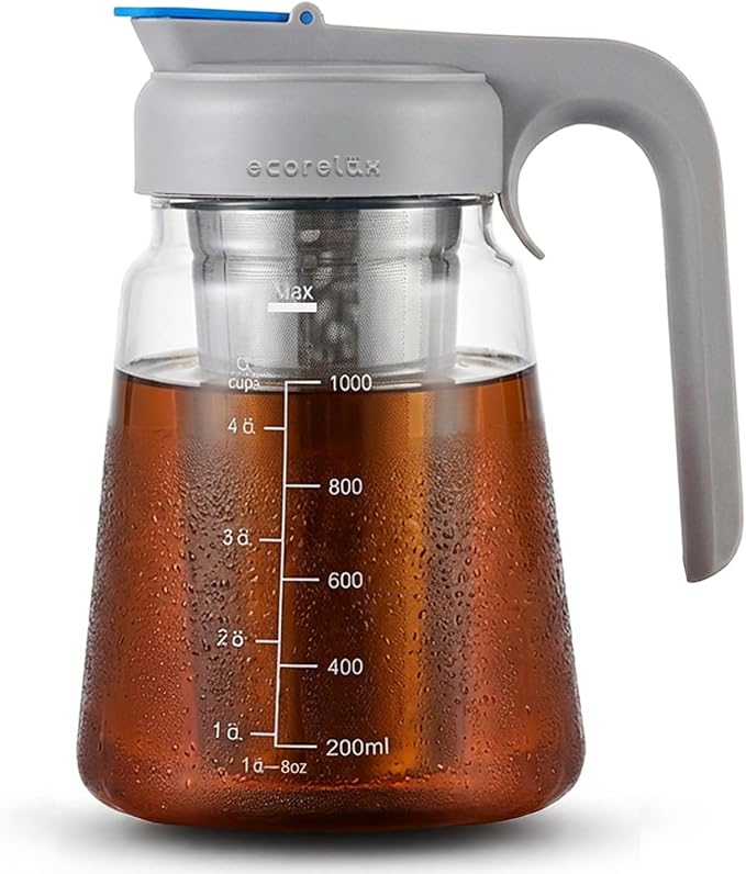 ECORELAX Cold Brew Coffee Maker,High Transparency Borosilicate Glass Container with Stainless Steel Filter, Iced Tea Pitcher with Lid,Modern Style, Ergonomic Handle,Spill-proof Lid (（Gray 32oz)