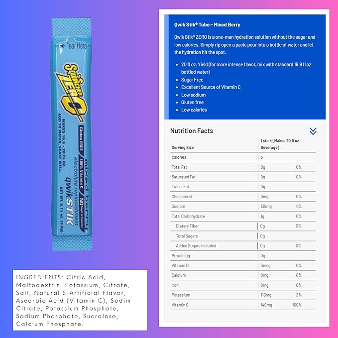 Sqwincher ZERO Qwik Stik - Sugar Free Electrolyte Powdered Beverage Mix, Assorted Flavors (40 Sticks)
