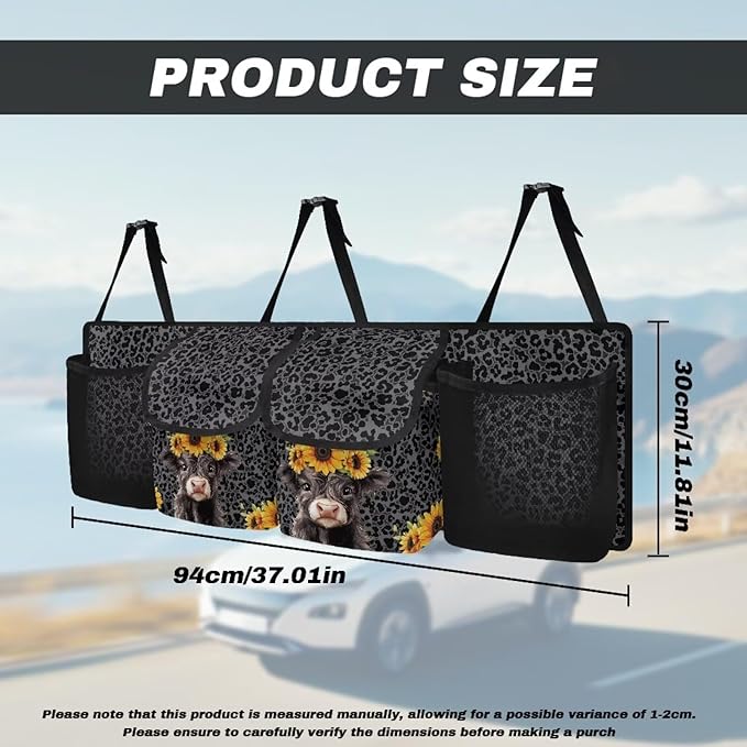 Sunflower Highland Cow Car Trunk Organizer Black Leopard Print Hanging Cargo Storage Bag Large Capacity Car Organization