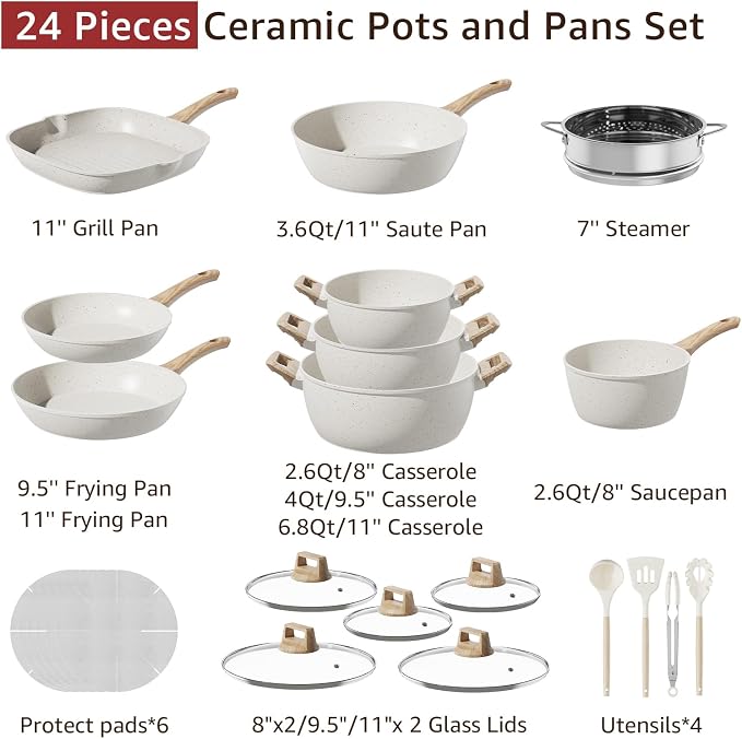 24Pcs Pots and Pans Set Non Stick,Ceramic Cookware Set with Titanium-Reinforced Nonstick Coating,Long-Lasting,PFAS-Free,Induction Compatible,Full Kitchen Set with 3 Stock Pots for Family Cooking