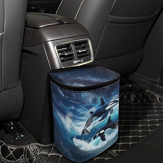 DISNIMO Ocean Killer Whale Hanging Car Trash Can Black Car Garbage Storage Bag with Lid Auto Rubbish Bin Leak-Proof Cars Trash Can Portable Organizer for Men Women Keeps Clean