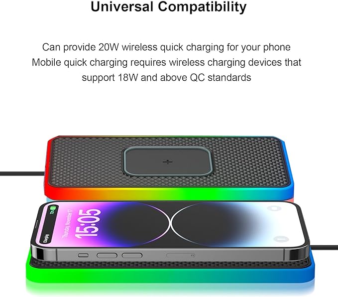 PUSOKEI Wireless Car Charger Pad, 20W Magnetic Fast Wireless Charging Mat with RGB LED Light, 30cm Cable & Cigar Lighter, Non Slip Base, for iOS & Android Phones