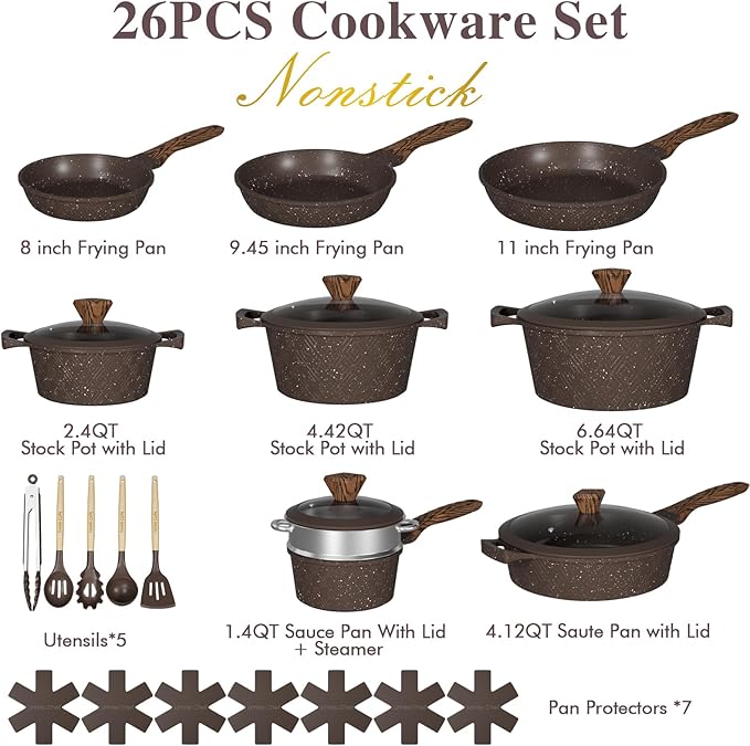Umite Chef 26PCS Pots and Pans Set Non Stick, Nonstick Cookware Sets, Induction Cook Ware, Includes Steamer & Silicone Utensils, Housewarming Gift, Kitchen Cooking Sets w/Frying pan (PFOS, PFOA Free)