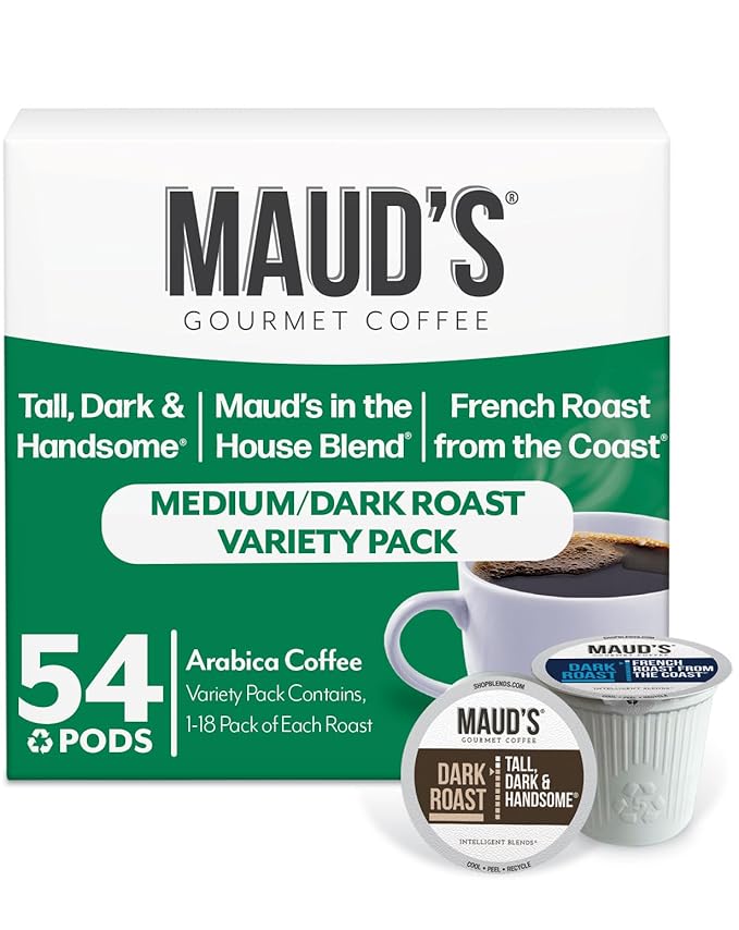 Maud's Dark Roast, Medium Roast & French Roast Coffee Pods Bundle, 54 ct, Single Serve Pods – 100% Arabica Coffee, Compatible with Keurig K Cups Maker