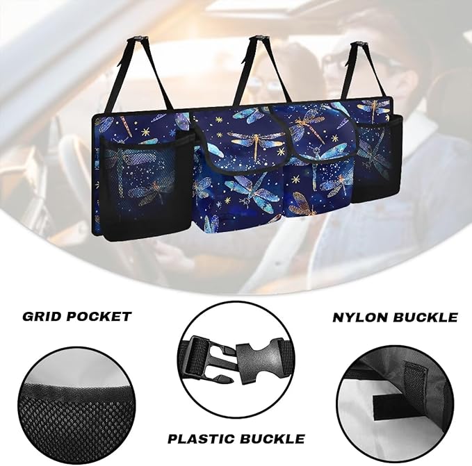 Dragonfly Car Trunk Organizer and Storage, Backseat Hanging Organizer for SUV, Truck, Waterproof Cargo Storage Bag with 4 Pockets, Car Interior Accessories for Men Women
