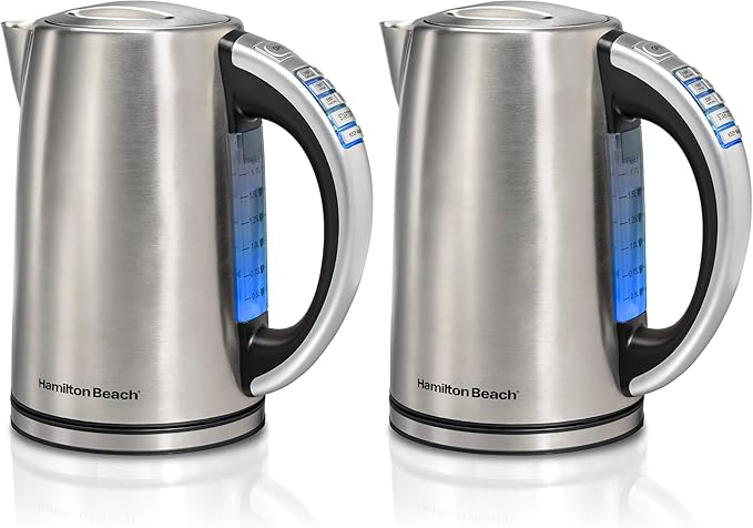 Hamilton Beach 1.7 Liter Temperature Control Electric Kettle,Water Boiler & Heater,Fast Boiling 1500 Watts,BPA Free,Cordless,Auto-Shutoff and Boil-Dry Protection,Stainless Steel (41020R),(Pack of 2)