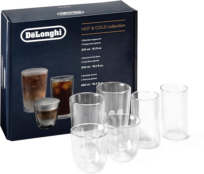 De'Longhi Trio Gift Set of 2 Cappuccino, 2 Thermal Large glasses, 2 Cold Brew Large glasses